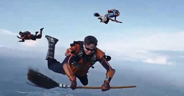 瑞士跳伞者重现哈利波特经典场面（瑞士跳伞者骑扫把从200米高悬崖上跳下） 第2张